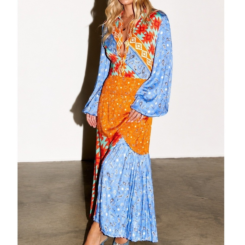 NEW Never Fully Dressed Blue Clash Effie Shirt Maxi Dress Patchwork Boho Size 16 - Picture 1 of 12